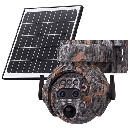 6MP Camouflage Hunting Solar Security Camera with 12x Zoom Dual Lens, Two-Way Audio, PIR Motion Activation, Suitable for Hunting Reconnaissance, Ranch Monitoring Security Monitoring