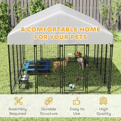PawHut Outdoor Dog Kennel with Roof, 8' x 8' x 6' Heavy Duty Welded Wire Dog Playpen Enclosure with Escape-Proof Lock, UV-Resistant & Waterproof Cover, for Large Dogs, Chickens, Ducks, Silver - size: 96.1"L x 96.1"W x 72.0"H, style: Single Room