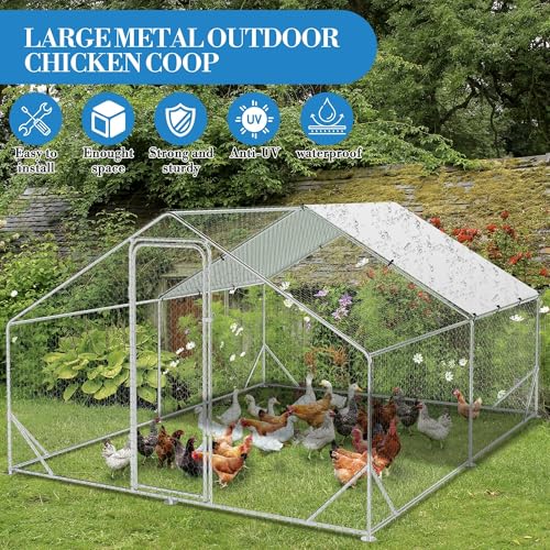 Large Metal Chicken Coop, Walk-in Poultry Cage, Chicken Run Pen House with Reinforcement & Waterproof & Anti-Ultraviolet Cover Chicken Coop Run with Double Lockable Doors for Outdoor 9.8 x13.1X 6.6ft