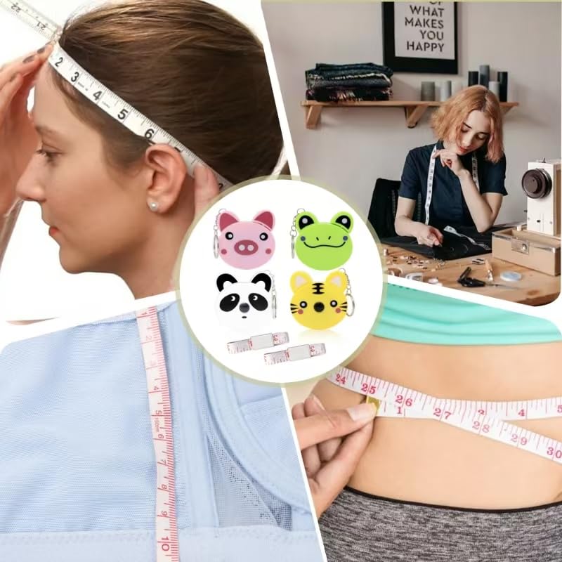 4 Pack Retractable Tape Measure + 2 Pack Soft Body Measuring Tape for Body Measurements(60-Inch), Cartoon Animal Body Measuring Tapes with Keyring for Cloth Body Tailor Sewing Craft Measuring Tools