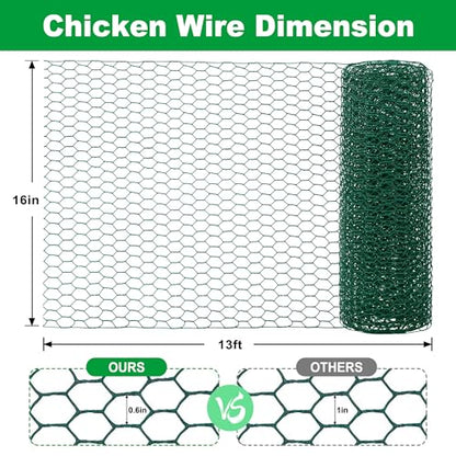 Chicken Wire Fencing,Vinyl Coated Metal Hexagonal Mesh Poultry Netting 16inx13ft Green Hardware Cloth Rabbit Wire for Pet,Goose,Duck Garden Farmer & Plant - size: 16inx13ft/16inx157.5in