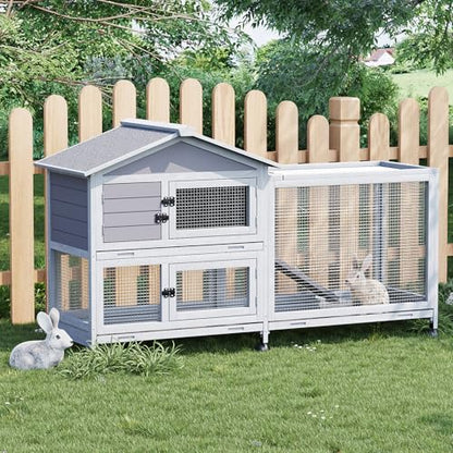 Rabbit Cage with Ramp & Waterproof Roof, Bunny Hutch for Indoor/Outdoor, 2-Story Design, Rabbit Hutch with 6 Lockable Caster Wheels & Three Pull-Out Trays（63.2" l x 22.4" w x 37"）