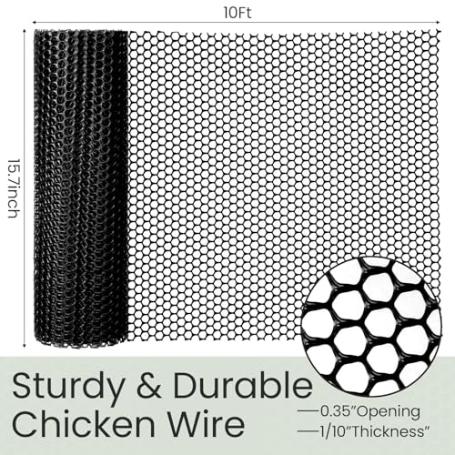 Landical 6 Rolls Plastic Chicken Wire Fencing Mesh 120 x 15.7 Inch Each Plastic Mesh Fence with Zip Ties Hexagonal Poultry Netting Garden Fencing Cat and Bird Netting (Black) - color: Black