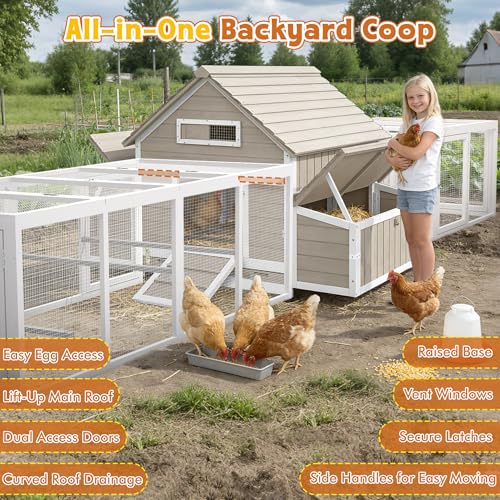 Ketive Extra Large Chicken Coop with 2 Runs for 8–10 Chickens Outdoor Wooden Hen House Poultry Cage with 6 Nesting Boxes, Dual Ramp Doors, Slide-Out Tray & Curved Roof (198.6" L x 38" W x 40.2" H) - size: 198.6"L x 38.0"W x 40.2"H