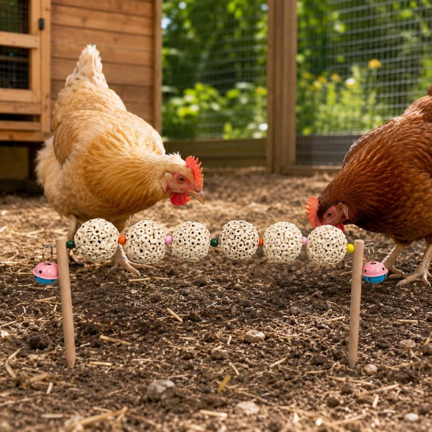 Chicken Enrichment Toy for Coop and Run, Ground Stake Sola Ball Pecking Toy with Colorful Beads and Bells for Hens, Backyard Chickens and Poultry