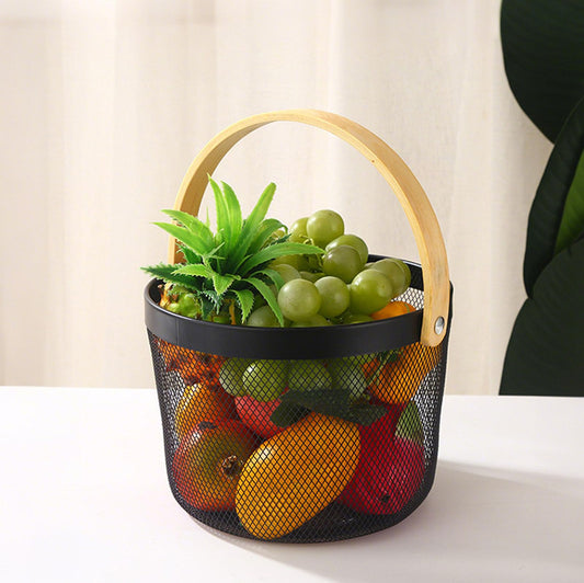 AJIODA Metal Mesh Steel Wire Basket, Round Storage Organizer Basket with Wooden Handle Multi-functional Hanging Kitchen Baskets Fruit Baskets for Kitchen Bathroom Picnic Decor Cabinet Home, Black - color: Black