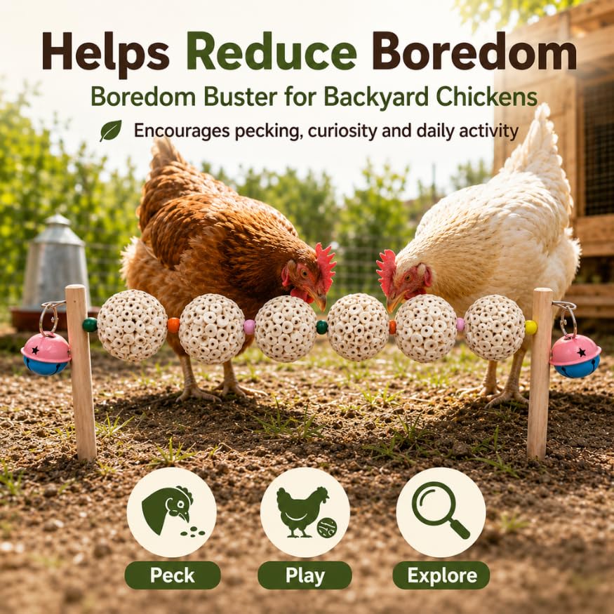 Chicken Enrichment Toy for Coop and Run, Ground Stake Sola Ball Pecking Toy with Colorful Beads and Bells for Hens, Backyard Chickens and Poultry