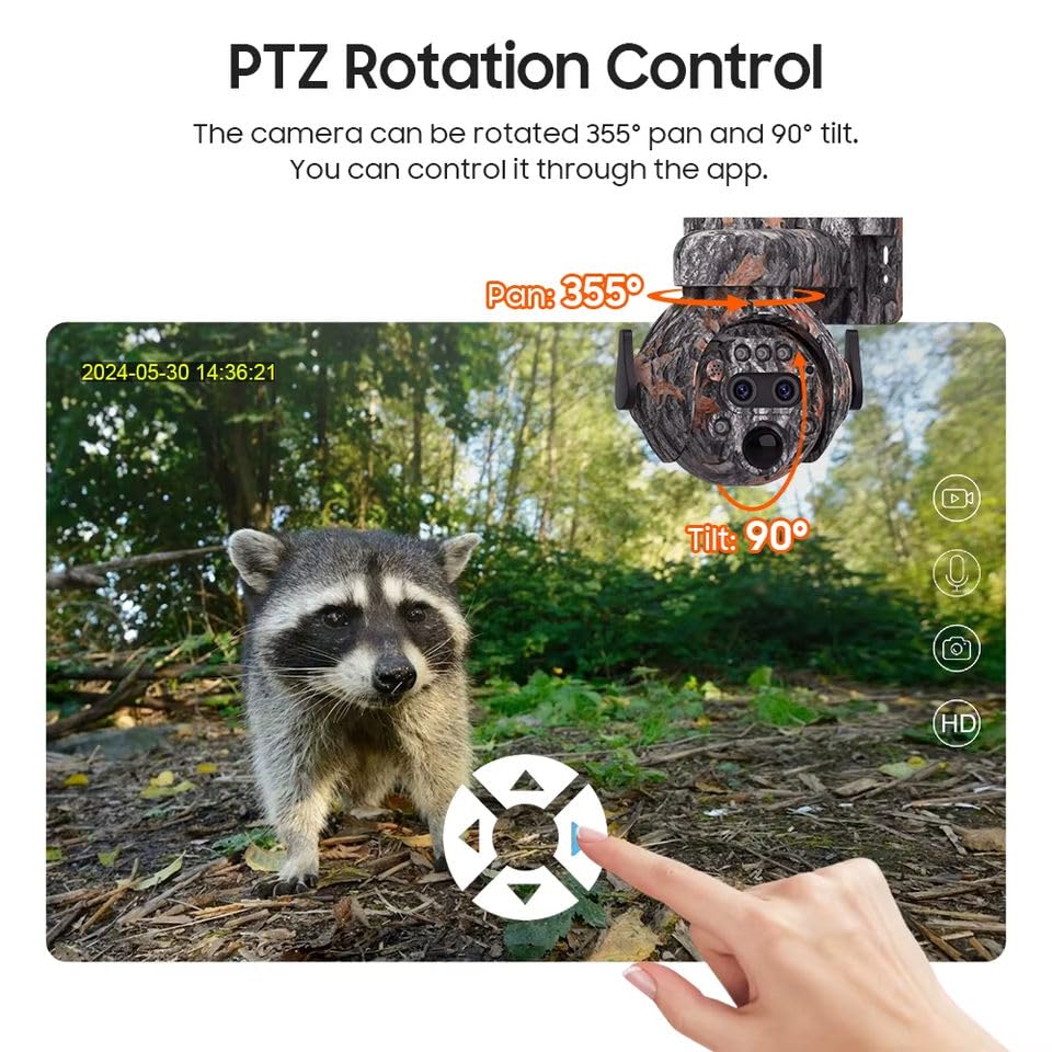 6MP Camouflage Hunting Solar Security Camera with 12x Zoom Dual Lens, Two-Way Audio, PIR Motion Activation, Suitable for Hunting Reconnaissance, Ranch Monitoring Security Monitoring