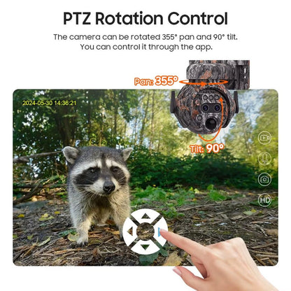 6MP Camouflage Hunting Solar Security Camera with 12x Zoom Dual Lens, Two-Way Audio, PIR Motion Activation, Suitable for Hunting Reconnaissance, Ranch Monitoring Security Monitoring