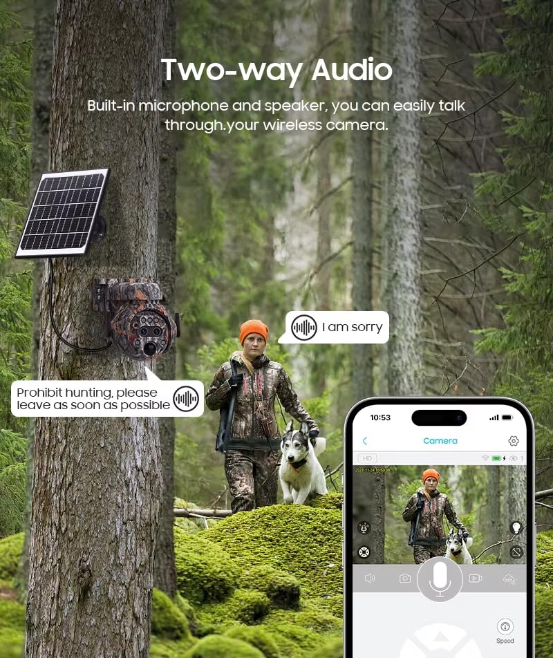 6MP Camouflage Hunting Solar Security Camera with 12x Zoom Dual Lens, Two-Way Audio, PIR Motion Activation, Suitable for Hunting Reconnaissance, Ranch Monitoring Security Monitoring