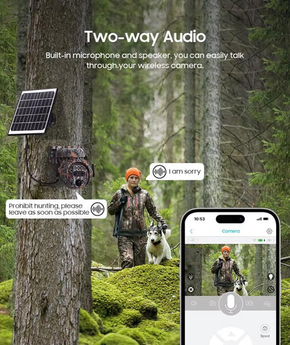 6MP Camouflage Hunting Solar Security Camera with 12x Zoom Dual Lens, Two-Way Audio, PIR Motion Activation, Suitable for Hunting Reconnaissance, Ranch Monitoring Security Monitoring
