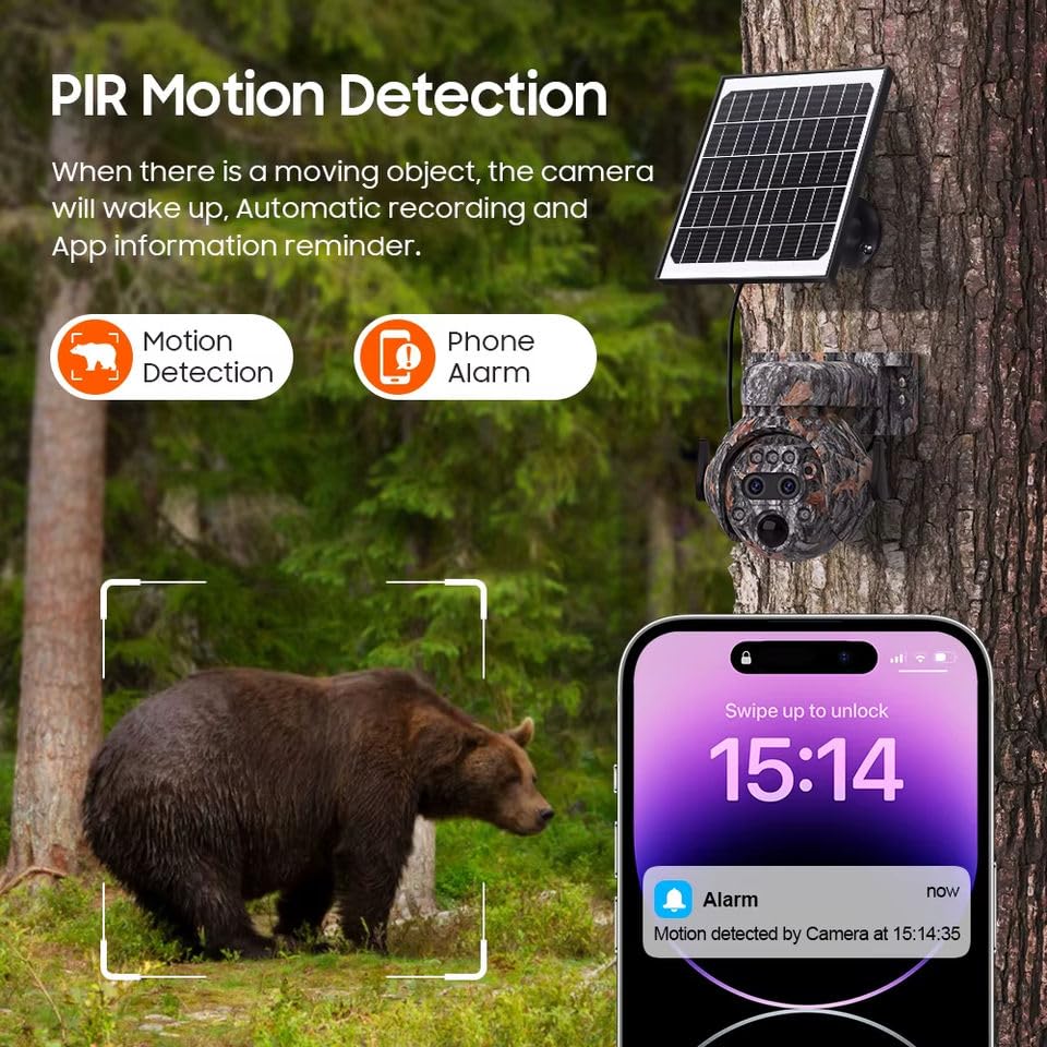 6MP Camouflage Hunting Solar Security Camera with 12x Zoom Dual Lens, Two-Way Audio, PIR Motion Activation, Suitable for Hunting Reconnaissance, Ranch Monitoring Security Monitoring