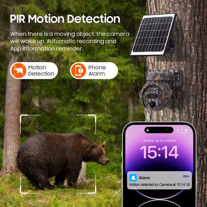 6MP Camouflage Hunting Solar Security Camera with 12x Zoom Dual Lens, Two-Way Audio, PIR Motion Activation, Suitable for Hunting Reconnaissance, Ranch Monitoring Security Monitoring