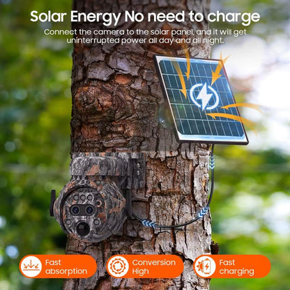 6MP Camouflage Hunting Solar Security Camera with 12x Zoom Dual Lens, Two-Way Audio, PIR Motion Activation, Suitable for Hunting Reconnaissance, Ranch Monitoring Security Monitoring