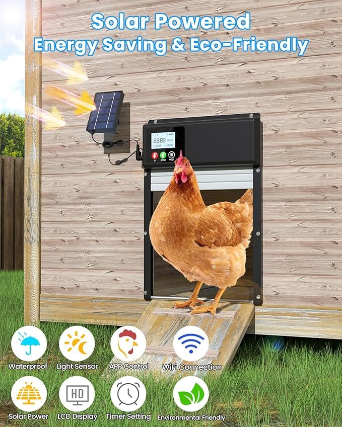 3-in-1 Upgraded WiFi Automatic Chicken Coop Door Solar Powered, APP Remote Control Chicken Door Opener, LCD Display, Timer & Light Sensor, Electric Auto Chicken Door