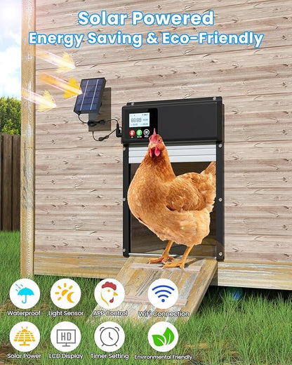 3-in-1 Upgraded WiFi Automatic Chicken Coop Door Solar Powered, APP Remote Control Chicken Door Opener, LCD Display, Timer & Light Sensor, Electric Auto Chicken Door