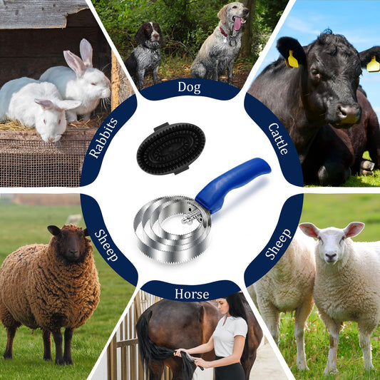 CHENGU Reversible Stainless Steel Curry Comb with Large Rubber Curry, Horse Brushes for Grooming Kit Rubber Horse Comb for Shedding Grooming Dog Goat Cattle Cow donkey Brush Supplies (Blue) - color: Blue