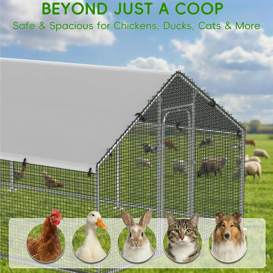 Large Metal Chicken Coop Run with Roosting Perch, Outdoor Poultry Cage with Heavy Duty Wire Mesh and UV-Resistant Cover for Chickens Use, Spire Roof (8.9'W x11.8'L x 6.6'H) - size: 141.8"L x 106.3"W x 78.3"H